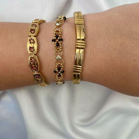 Lot of 3 Vintage Slim Dainty Filigree Chainlink Bracelets Black Rhinestones - Picture 2 of 4